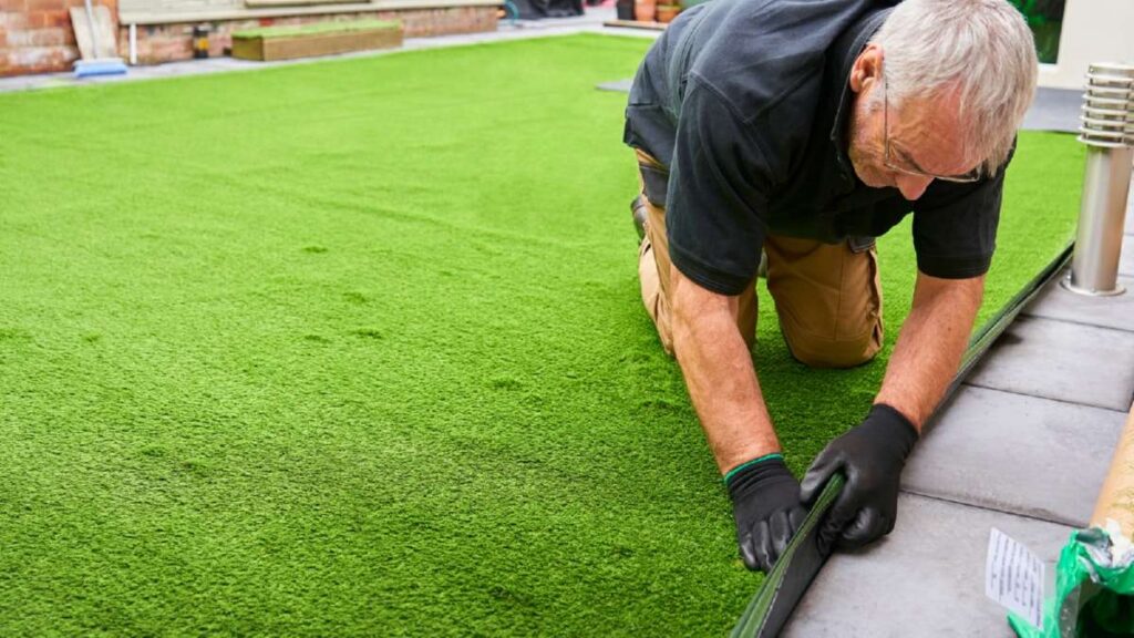 A man in black gloves installs artificial grass on a bright green lawn, surrounded by garden tools and a patio area