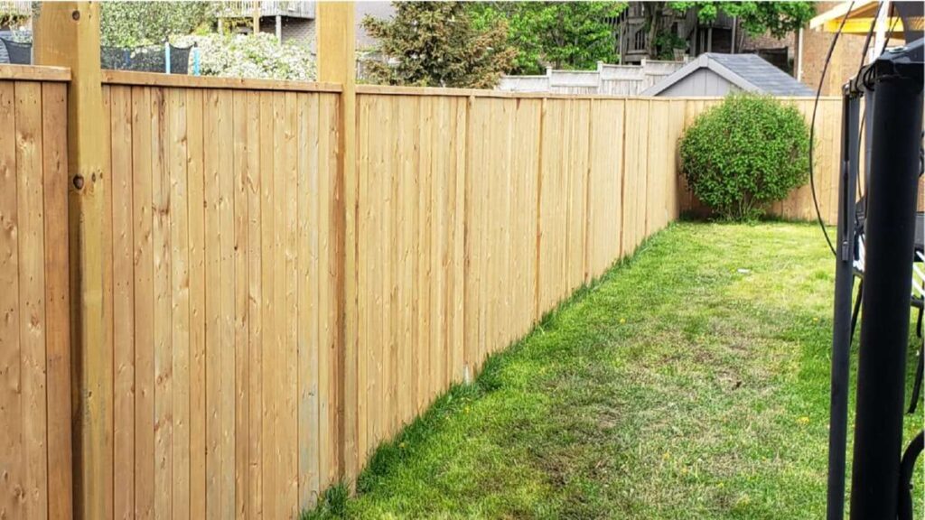 Wooden fence along a grassy yard, with a bush and a shed visible in the background, highlighting outdoor space in Wicklow