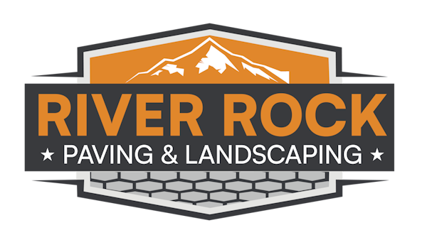 Logo featuring "RIVER ROCK" in bold orange, with "PAVING & LANDSCAPING" below, set against a mountain and hexagon background