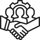 Two hands shaking with gear and people icons in the background, symbolizing collaboration in landscaping Wicklow